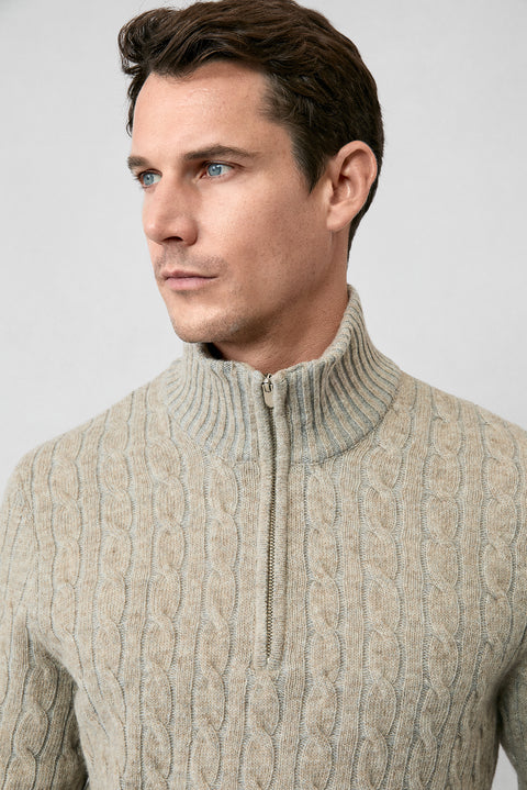Medium Beige Half Turtleneck Regular Fit Zip-Up Patterned Knitted Wool Sweater