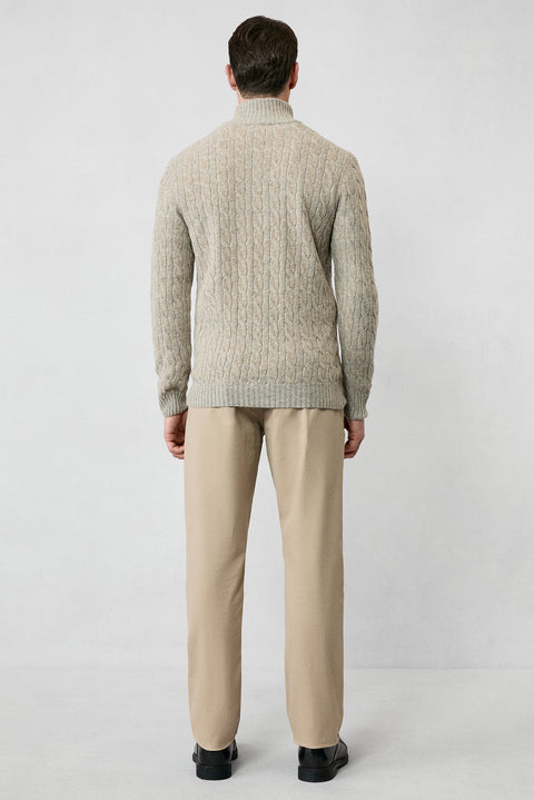 Medium Beige Half Turtleneck Regular Fit Zip-Up Patterned Knitted Wool Sweater