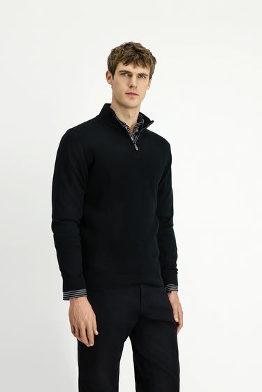Siyah Yarım Balıkçı Yaka Regular Fit Desenli Fermuarlı Yünlü Triko Kazak