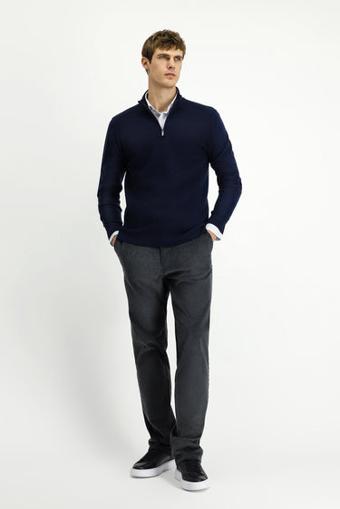 Koyu Lacivert Yarım Balıkçı Yaka Regular Fit Desenli Fermuarlı Yünlü Triko Kazak