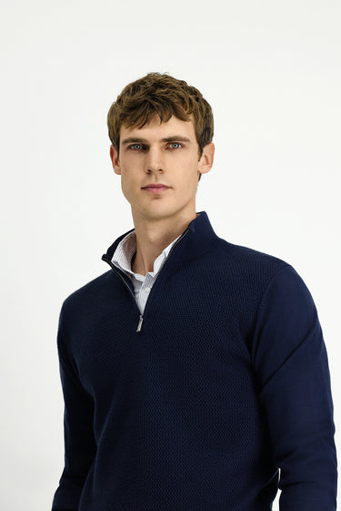 Koyu Lacivert Yarım Balıkçı Yaka Regular Fit Desenli Fermuarlı Yünlü Triko Kazak