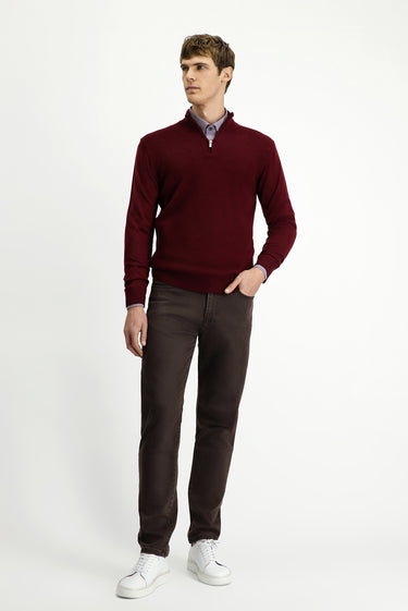 Koyu Bordo Yarım Balıkçı Yaka Regular Fit Desenli Fermuarlı Yünlü Triko Kazak