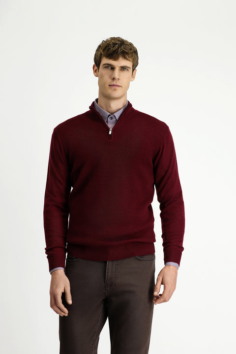 Dark Burgundy Half Turtleneck Regular Fit Patterned Zip-Up Wool Knit Sweater