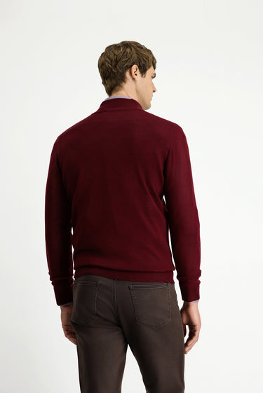 Koyu Bordo Yarım Balıkçı Yaka Regular Fit Desenli Fermuarlı Yünlü Triko Kazak
