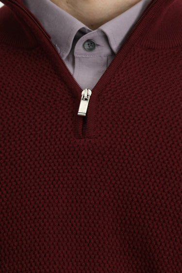 Koyu Bordo Yarım Balıkçı Yaka Regular Fit Desenli Fermuarlı Yünlü Triko Kazak