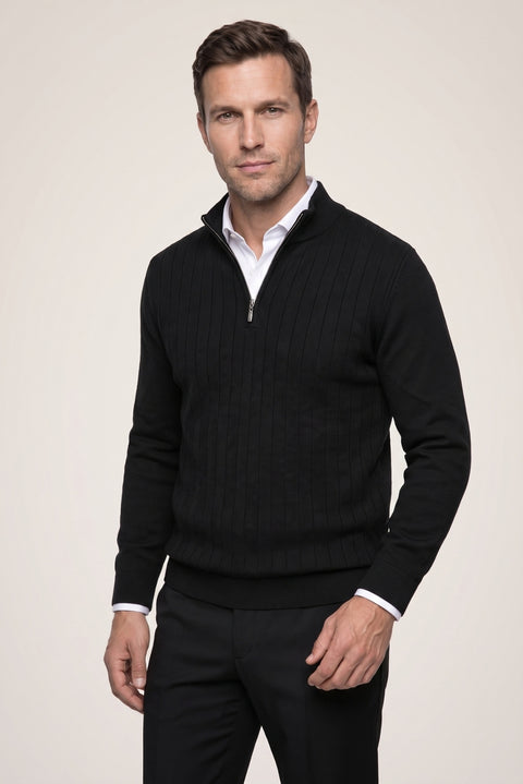 Black Half Turtleneck Regular Fit Patterned Zip-Up Knit Sweater