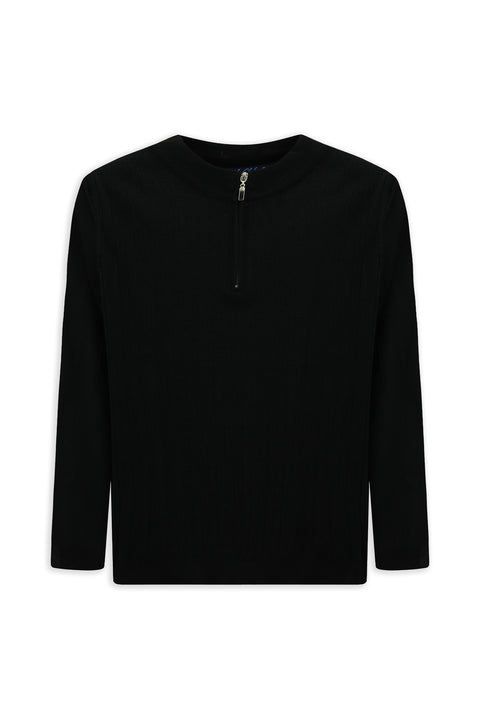 Black Half Turtleneck Regular Fit Patterned Zip-Up Knit Sweater