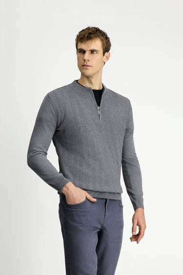 Orta Gri Melanj Yarım Balıkçı Yaka Regular Fit Fermuarlı Triko Kazak