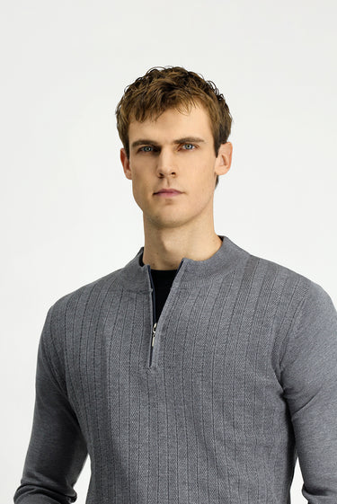 Orta Gri Melanj Yarım Balıkçı Yaka Regular Fit Fermuarlı Triko Kazak