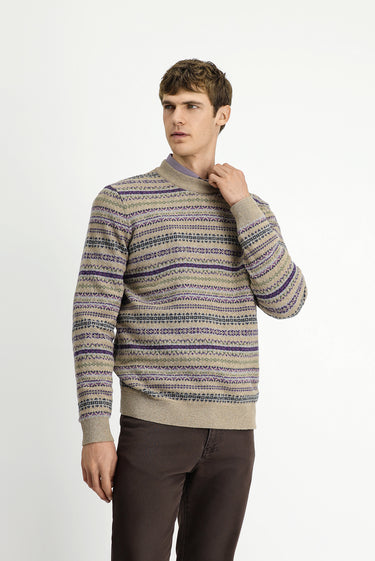 Orta Bej Bisiklet Yaka Regular Fit Desenli Yünlü Triko Kazak