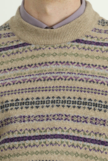 Orta Bej Bisiklet Yaka Regular Fit Desenli Yünlü Triko Kazak