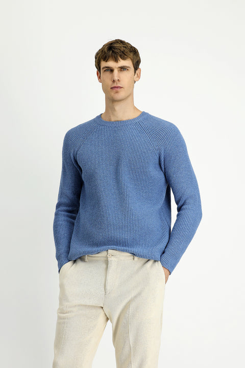 Aviator Blue Melange Crew Neck Regular Fit Wool Knit Sweater