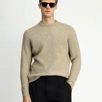 Medium Beige Crew Neck Regular Fit Wool Knit Sweater