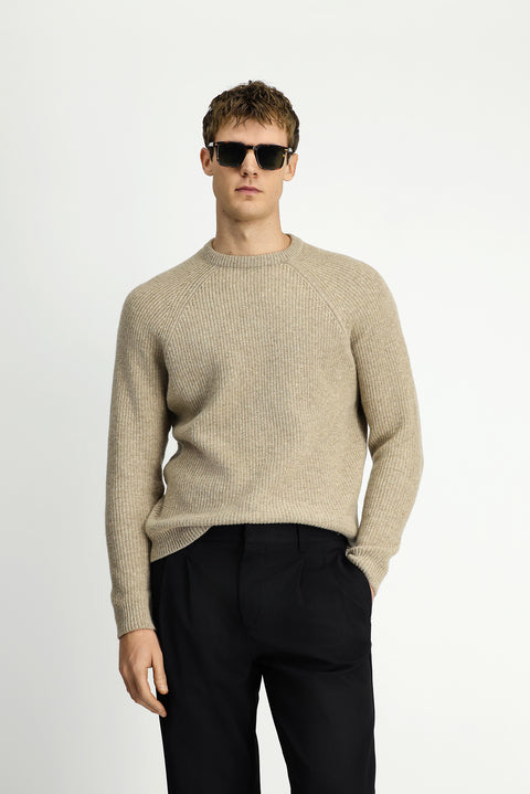 Medium Beige Crew Neck Regular Fit Wool Knit Sweater