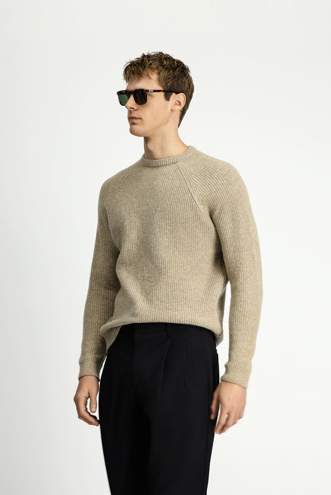 Medium Beige Crew Neck Regular Fit Wool Knit Sweater