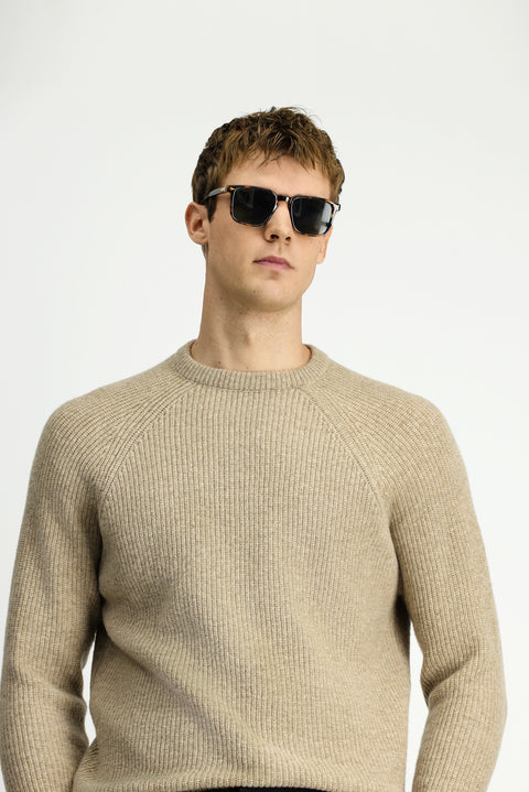Medium Beige Crew Neck Regular Fit Wool Knit Sweater