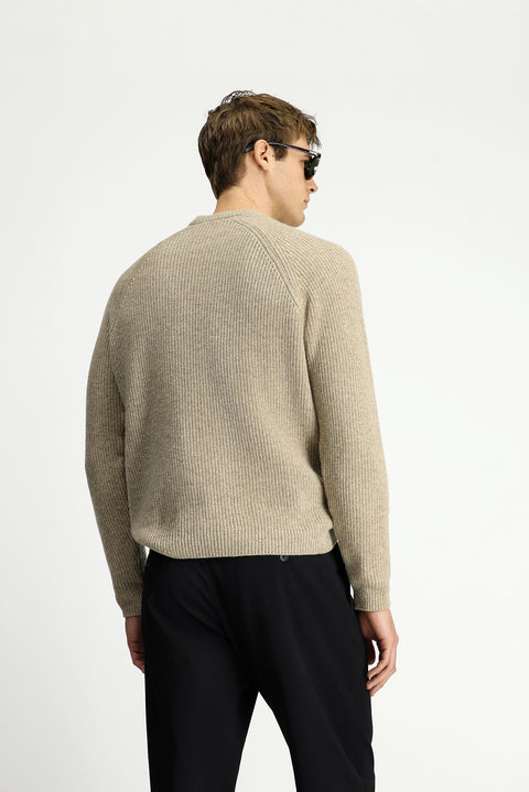 Medium Beige Crew Neck Regular Fit Wool Knit Sweater