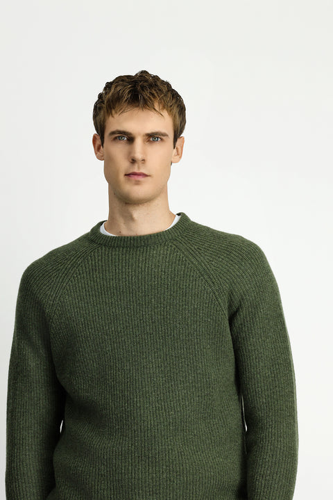 Medium Khaki Crew Neck Regular Fit Wool Knit Sweater