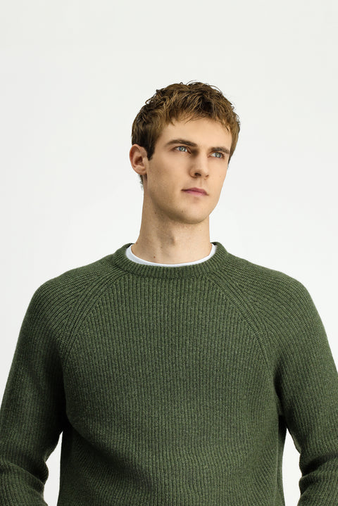 Medium Khaki Crew Neck Regular Fit Wool Knit Sweater