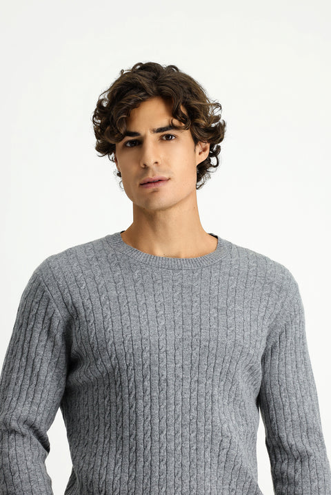 Medium Grey Melange Crew Neck Regular Fit Patterned Wool Knit Sweater