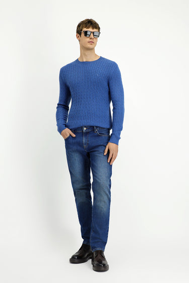 İndigo Melanj Bisiklet Yaka Regular Fit Desenli Yünlü Triko Kazak