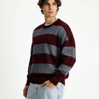 Dark Burgundy Crew Neck Oversize Extra Relaxed Fit Striped Knit Sweater