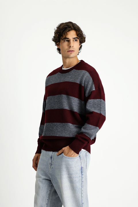 Dark Burgundy Crew Neck Oversize Extra Relaxed Fit Striped Knit Sweater