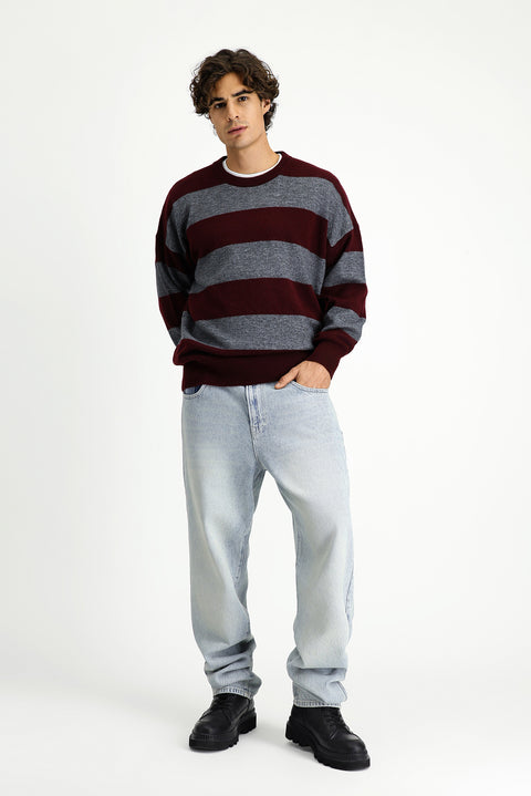 Dark Burgundy Crew Neck Oversize Extra Relaxed Fit Striped Knit Sweater