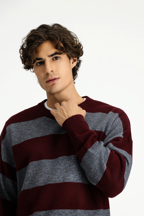 Dark Burgundy Crew Neck Oversize Extra Relaxed Fit Striped Knit Sweater