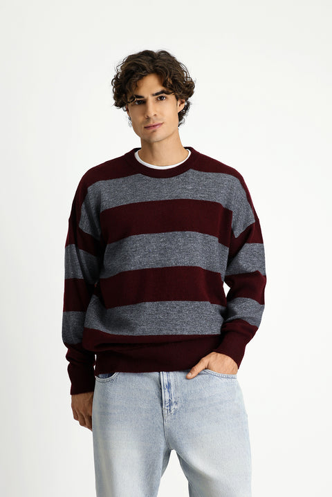 Dark Burgundy Crew Neck Oversize Extra Relaxed Fit Striped Knit Sweater