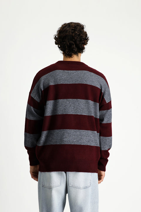 Dark Burgundy Crew Neck Oversize Extra Relaxed Fit Striped Knit Sweater
