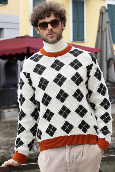 Ekru Bisiklet Yaka Oversize Ekstra Rahat Kesim Pamuklu Desenli Triko Kazak