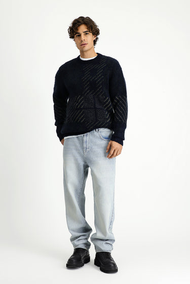 Koyu Lacivert Bisiklet Yaka Regular Fit Desenli Triko Kazak