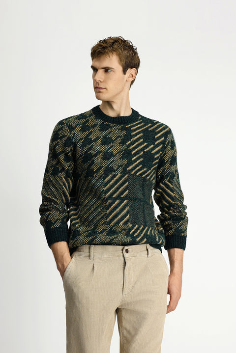 Dark Green Crew Neck Regular Fit Patterned Wool Knit Sweater