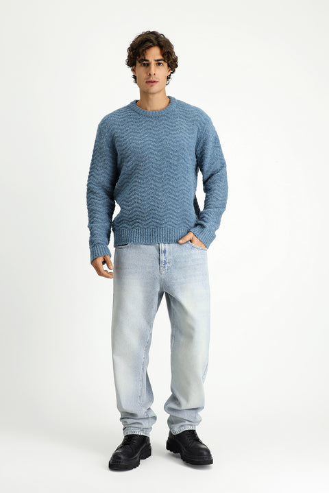 Light Blue Crew Neck Oversize Extra Relaxed Fit Patterned Wool Knit Sweater