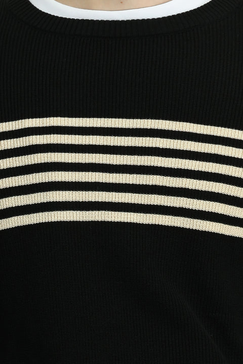 Black Crew Neck Regular Fit Striped Knit Sweater