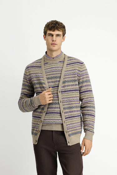 Orta Bej Desenli Yünlü Triko Hırka