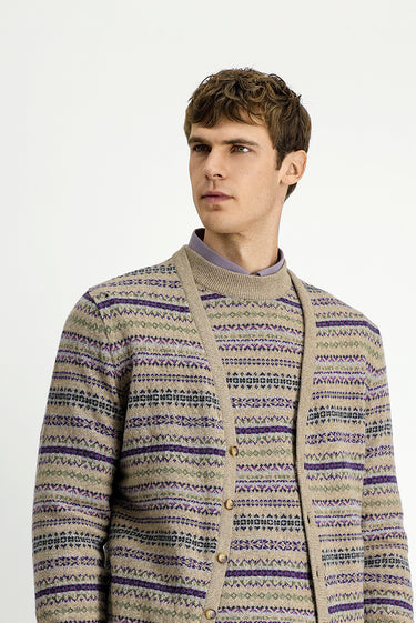 Orta Bej Desenli Yünlü Triko Hırka