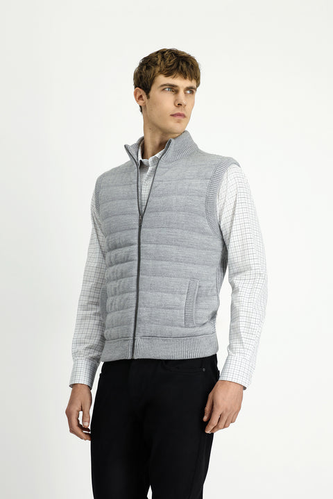 Light Grey Melange Patterned Zip-Up Knitted Vest