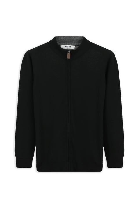 Black Half Turtleneck Patterned Zippered Wool Cashmere Blend Knitted Cardigan