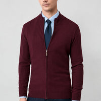 Dark Burgundy Half Turtleneck Patterned Zippered Wool Cashmere Blend Knitted Cardigan