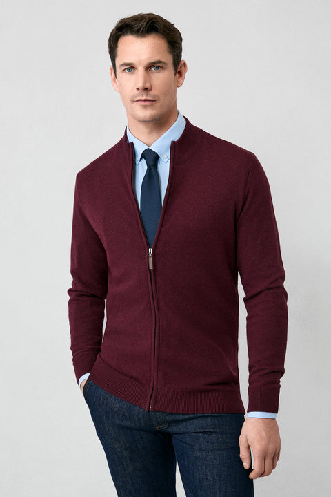 Dark Burgundy Half Turtleneck Patterned Zippered Wool Cashmere Blend Knitted Cardigan
