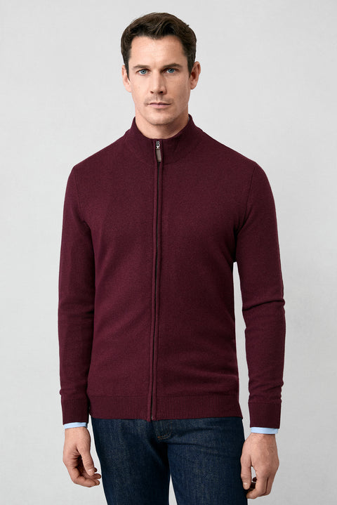 Dark Burgundy Half Turtleneck Patterned Zippered Wool Cashmere Blend Knitted Cardigan