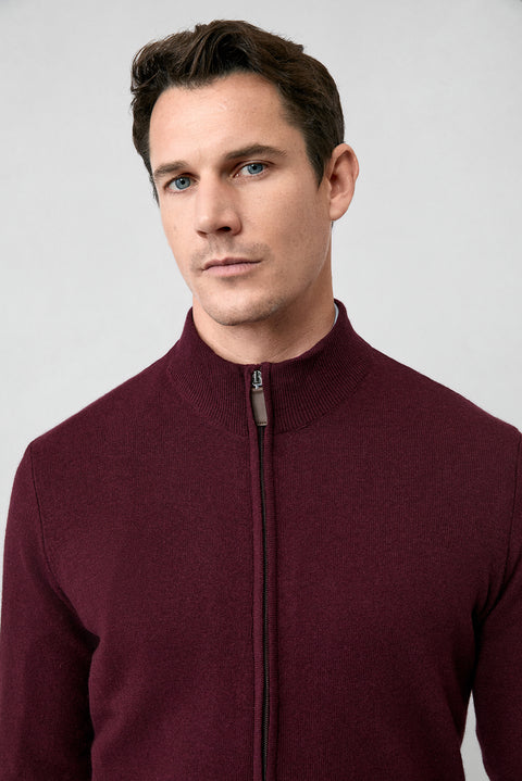 Dark Burgundy Half Turtleneck Patterned Zippered Wool Cashmere Blend Knitted Cardigan