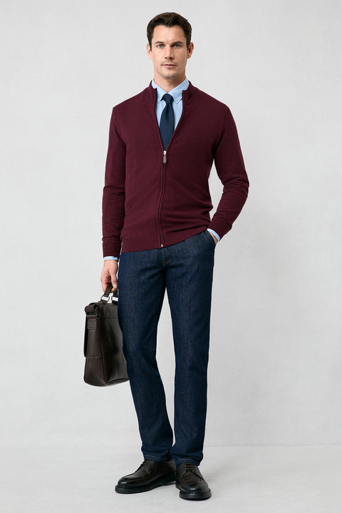 Dark Burgundy Half Turtleneck Patterned Zippered Wool Cashmere Blend Knitted Cardigan