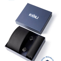 Black 3-Piece Patterned Tie, Pocket Square & Cufflink Set in Gift Box