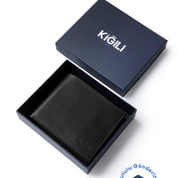 Black Plain Card Holder with Money Compartment, Genuine Leather Wallet in a Gift Box