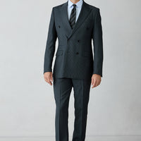Koyu Lacivert 8 Drop Long Slim Fit Uzun Dar Kesim Yünlü Çizgili Sivri Yaka Kruvaze Takım Elbise