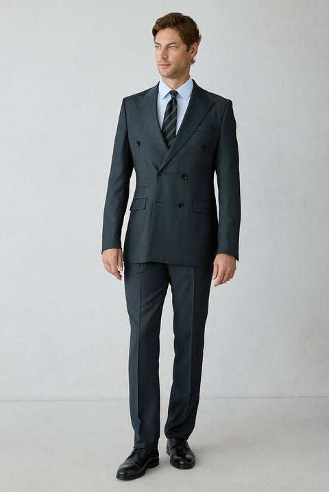 Koyu Lacivert 8 Drop Long Slim Fit Uzun Dar Kesim Yünlü Çizgili Sivri Yaka Kruvaze Takım Elbise