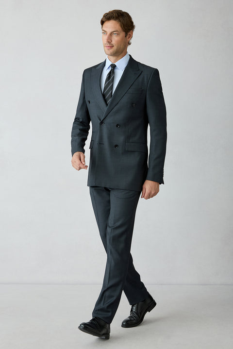 Koyu Lacivert 8 Drop Long Slim Fit Uzun Dar Kesim Yünlü Çizgili Sivri Yaka Kruvaze Takım Elbise